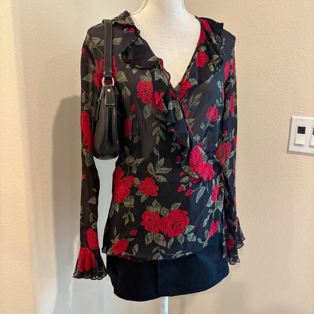Inc International Concepts black rose print silk wrap top. Size 8